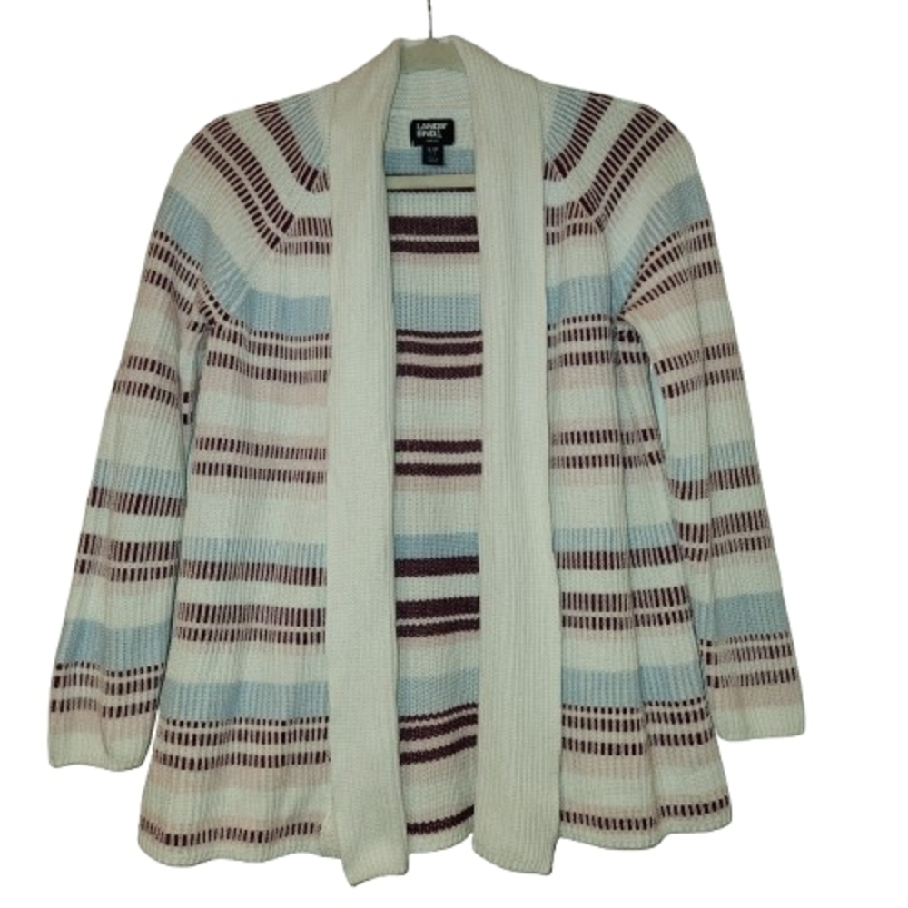 Lands' End White/Blue/Burgundy/Pink Open Front Drifter Cardigan Size S Warm Cozy